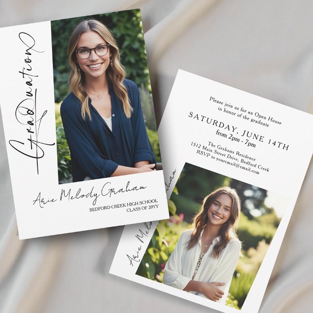 Modern vertical script photo graduation invitation (Creator Uploaded)