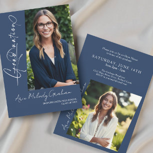 Modern vertical script photo graduation invitation