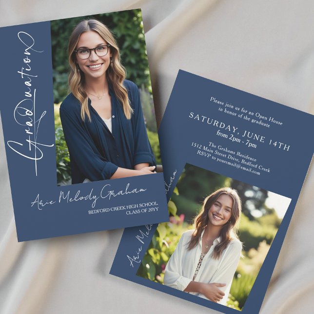 Modern vertical script photo graduation invitation (Creator Uploaded)