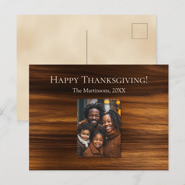 Modern Vertical Thanksgiving Family Photo Wood Holiday Postcard (Front/Back)