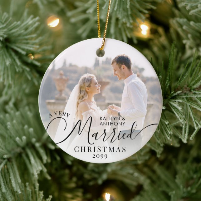 Modern Very Married Christmas 2 Photo Black White Ceramic Tree Decoration (Tree)
