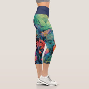 Modern Vibrant Batik Watercolor Floral Capri Leggings