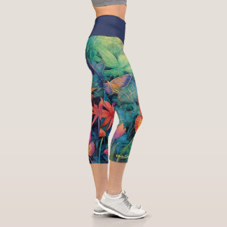 Modern Vibrant Batik Watercolor Floral Capri Leggings