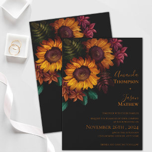 Modern Vibrant Black Burnt Orange Floral Wedding Magnetic Invitation