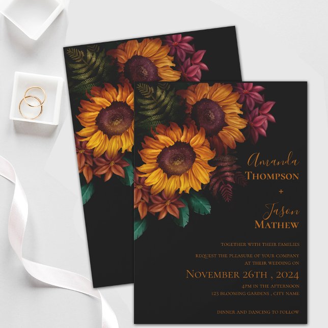  Modern Vibrant Black Burnt Orange Floral Wedding Magnetic Invitation (Modern Vibrant Black Burnt Orange Floral Wedding Magnetic Invitation)