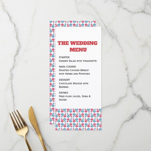 Modern Vibrant Flower Power Wedding Pattern,  Menu (Front/Back In Situ)