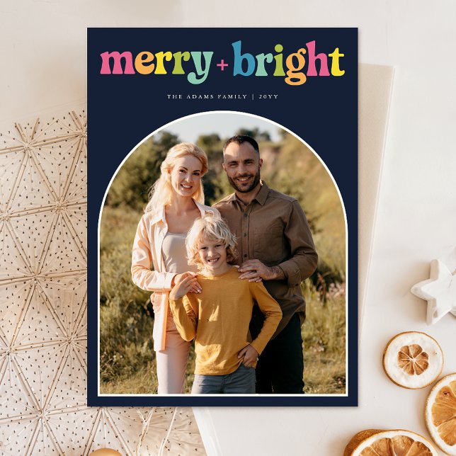 Modern Vibrant Merry + Bright Arch Photo Christmas Postcard (Creator Uploaded)