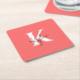 Modern Vibrant Personalized Monogram Name -  Square Paper Coaster