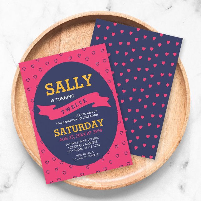 Modern Vibrant Pink and Blue Hearts Birthday Invitation (Creator Uploaded)