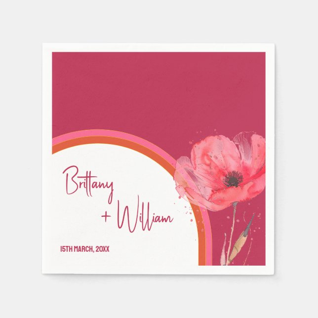 Modern Vibrant Pink Floral Summer Wedding  Napkin (Front)