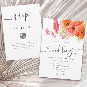 Modern Vibrant Pink Orange Floral Wedding QR Code Invitation