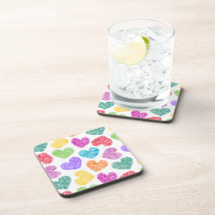 Modern Vibrant Rainbow Doodle Hearts Cute Pattern Coaster