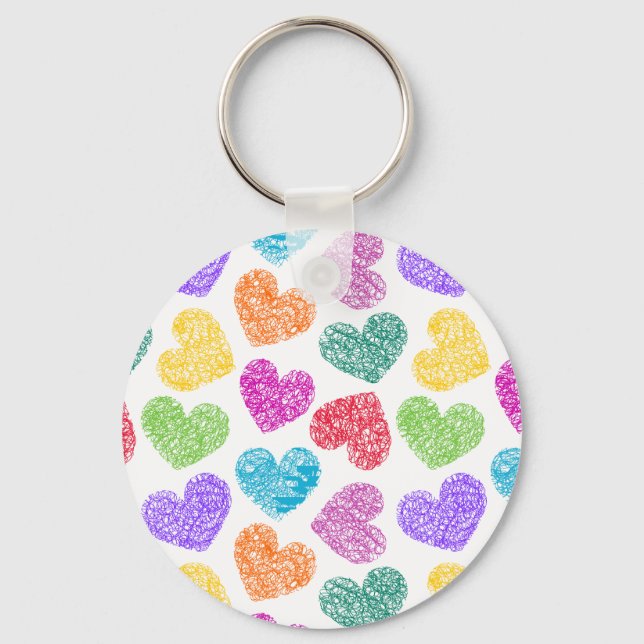 Modern Vibrant Rainbow Doodle Hearts Cute Pattern Key Ring (Front)