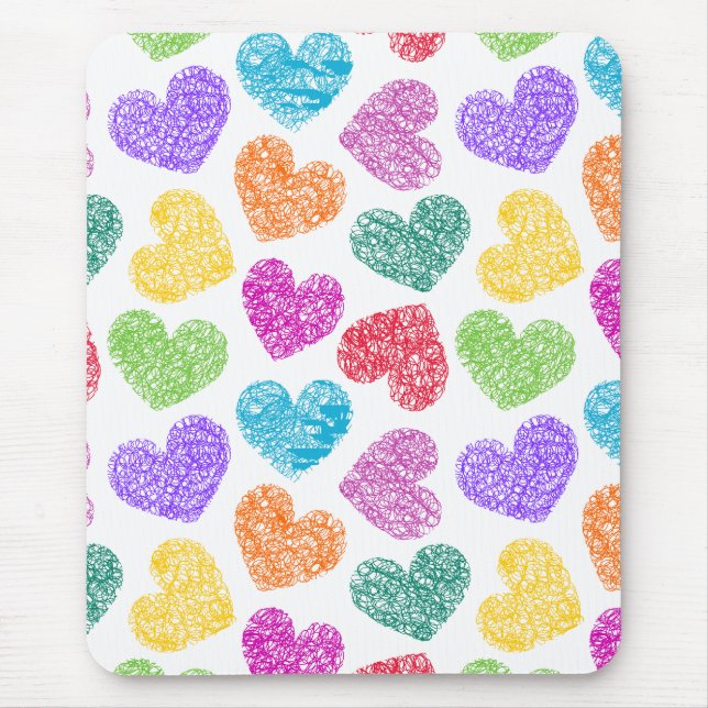 Modern Vibrant Rainbow Doodle Hearts Cute Pattern Mouse Pad (Front)