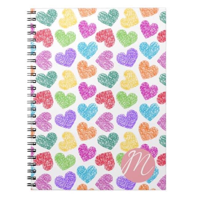Modern Vibrant Rainbow Doodle Hearts Monogrammed Notebook (Front)