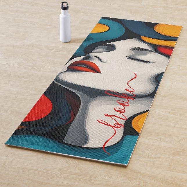 Modern Vibrant Retro Face Monogram Yoga Mat (In Situ)