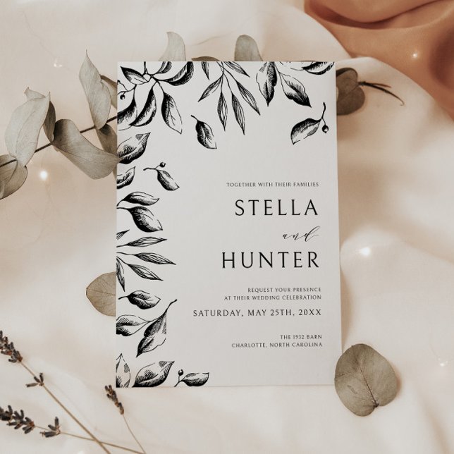 Modern Victorian Black & White Greenery Wedding Invitation (Creator Uploaded)