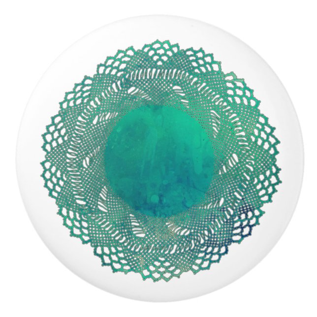 Modern Victorian Teal Crochet Lace Doily Ceramic Knob (Front)