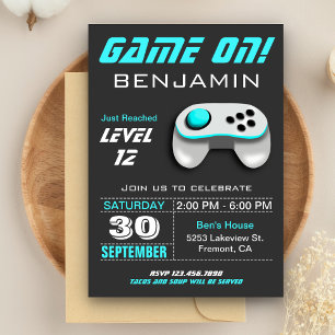 Modern Video Game Aqua Kids Birthday Party Invitation
