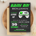 Modern Video Game Green Kids Birthday Party Invitation<br><div class="desc">This modern kids birthday party invite features a neon green and white video game controller and modern typography. Simply add your event details on this easy-to-use template to make it a one-of-a-kind invitation. Flip the card over to reveal green and grey stripes pattern on the back of the card.</div>