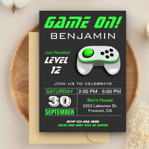 Modern Video Game Green Kids Birthday Party Invitation