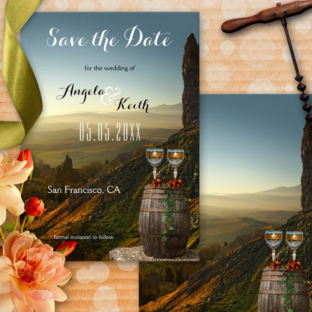 Modern Vineyard or Wine Theme Save the Date Card (Save the Date card featuring two wine glasses with grapes on a barrel with a stunning landscape view)
