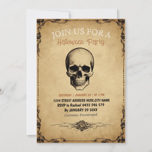 Modern Vintage Adult Halloween Party Skull Invitation (Front)