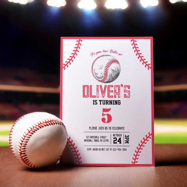 Modern Vintage Baseball Red Stitches Birthday Invitation (Creator Uploaded)