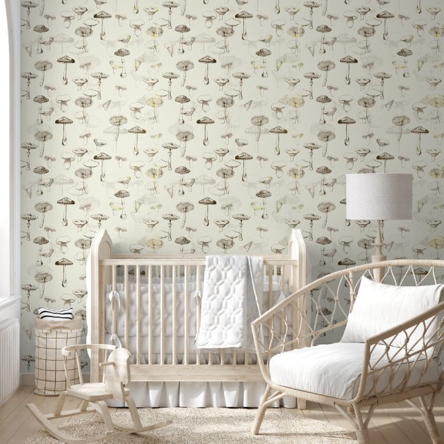 Modern Vintage Beige White Mushrooms  Wallpaper (Kids)