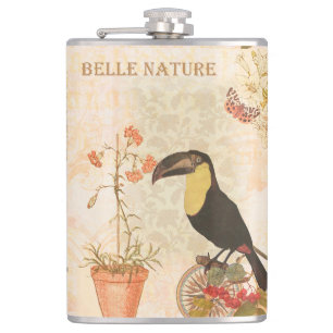 Modern Vintage Bird Pink Flower Butterfly Hip Flask
