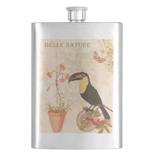 Modern Vintage Bird Pink Flower Butterfly Hip Flask (Front)