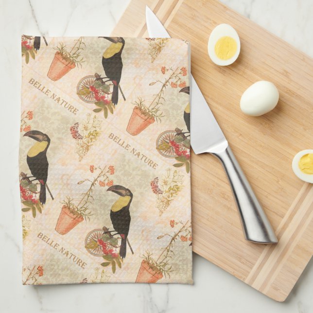 Modern Vintage Bird Pink Flower Butterfly Tea Towel (Quarter Fold)