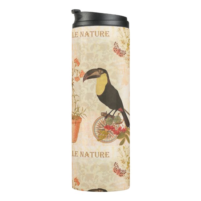 Modern Vintage Bird Pink Flower Butterfly Thermal Tumbler (Rotated Right)