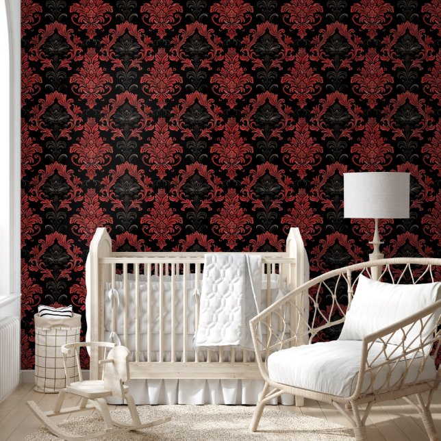 Modern Vintage Black and Red Damask Gothic Wallpaper (Kids)