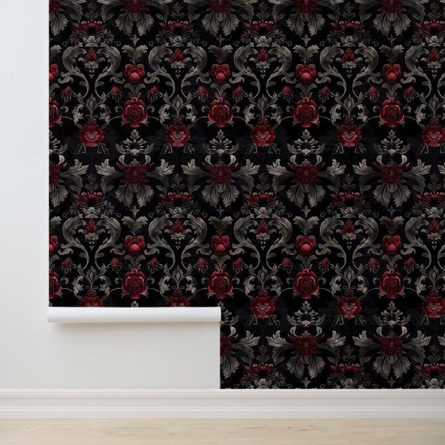 Modern Vintage Black and Red Damask Gothic Wallpaper (Application)