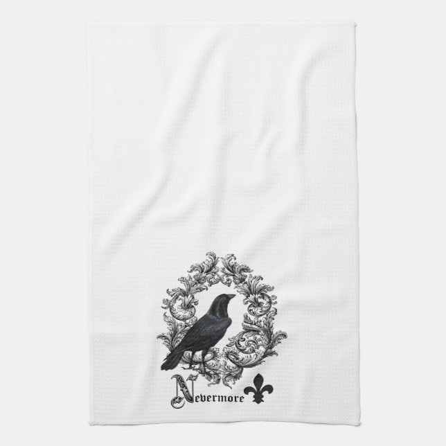 modern vintage black halloween crow tea towel (Vertical)