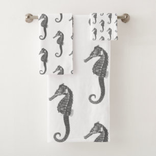 Modern Vintage Black White Seahorse Bath Towel Set