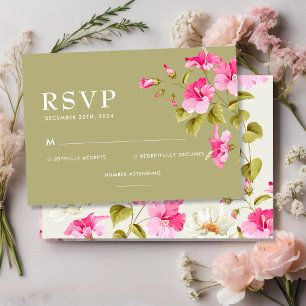 Modern Vintage Blush Flower Sage green Wedding RSVP Card