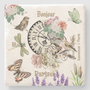 Modern vintage botanical and illustrations Bonjour Stone Coaster