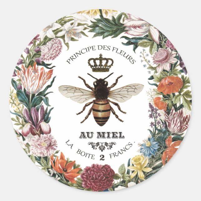 MODERN VINTAGE BOTANICAL QUEEN BEE CLASSIC ROUND STICKER (Front)