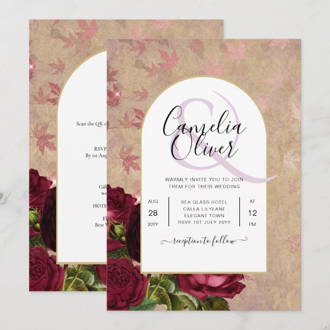 Modern Vintage Botanical Red Roses Wedding Invite (Front/Back)