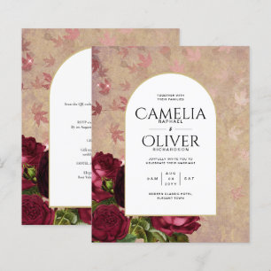Modern Vintage Botanical Red Roses Wedding Invite