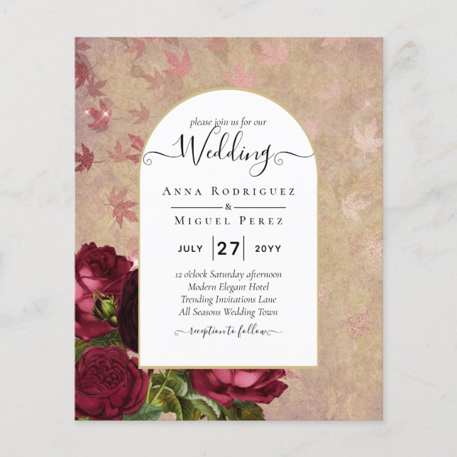 Modern Vintage Botanical Red Roses Wedding Invite Flyer (Front)
