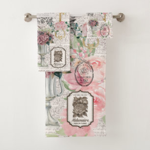 Modern vintage botanical with script French decor Bath Towel Set