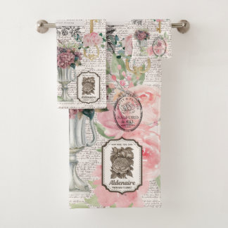 Modern vintage botanical with script French decor Bath Towel Set