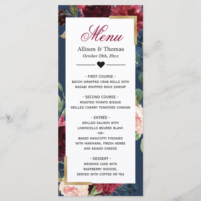Modern Vintage Burgundy Blue Floral Wedding Menu (Front)
