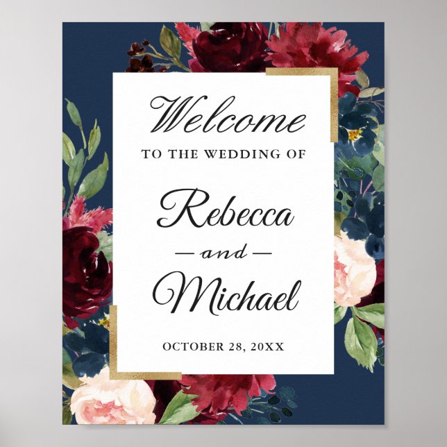 Modern Vintage Burgundy Blue Flowers Wedding Sign (Front)