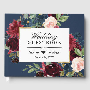Modern Vintage Burgundy Floral Navy Blue Wedding Guest Book