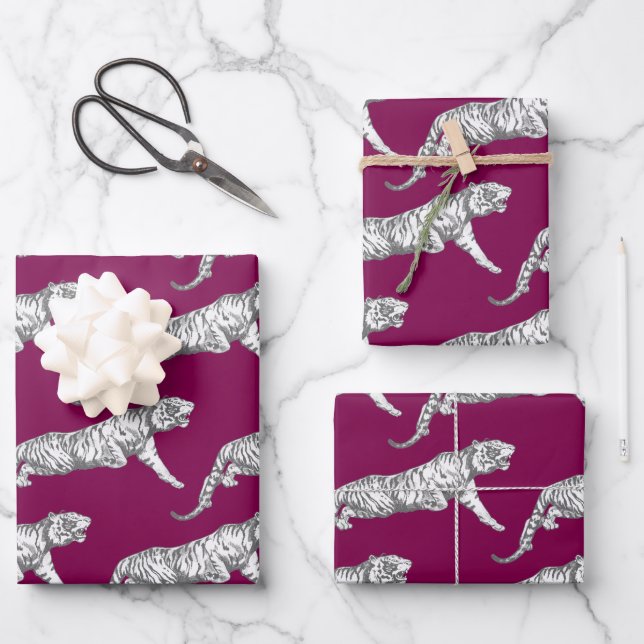 Modern Vintage Burgundy Grey Tiger  Wrapping Paper Sheet (Front)