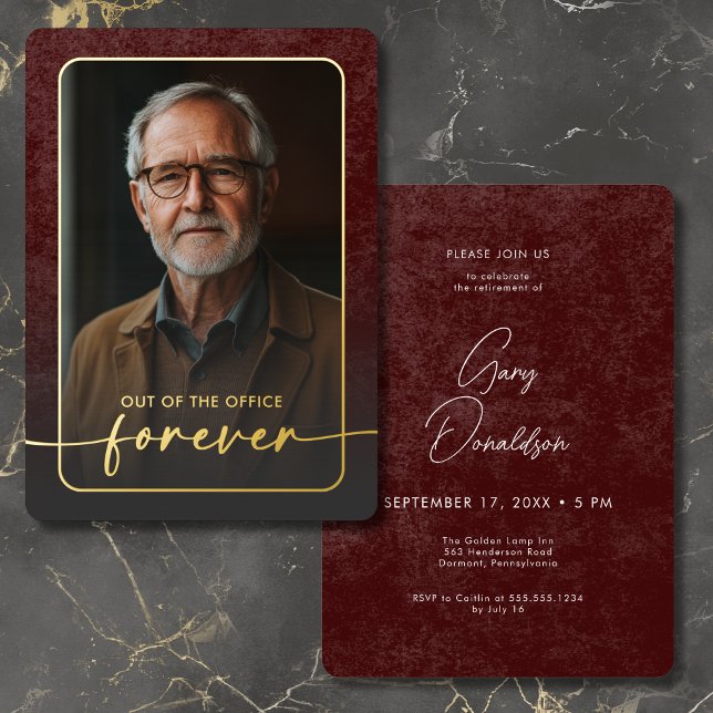 Modern Vintage Burgundy Photo Retirement Party (Modern Vintage Burgundy Photo Retirement Party Foil Invitation)